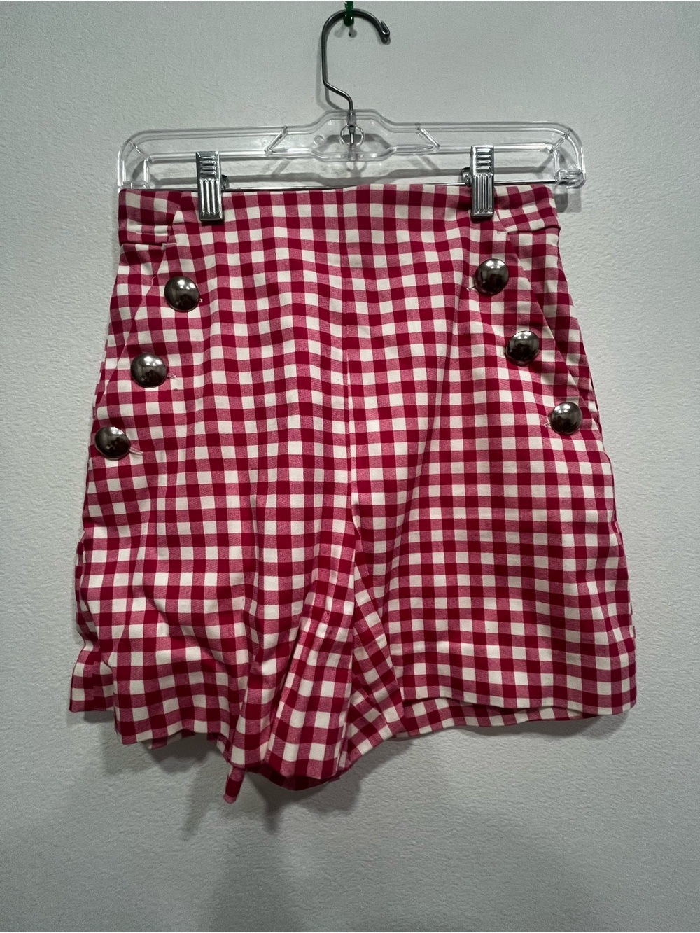 Zara Red & White Gingham High-Waist Shorts with Decorative Buttons